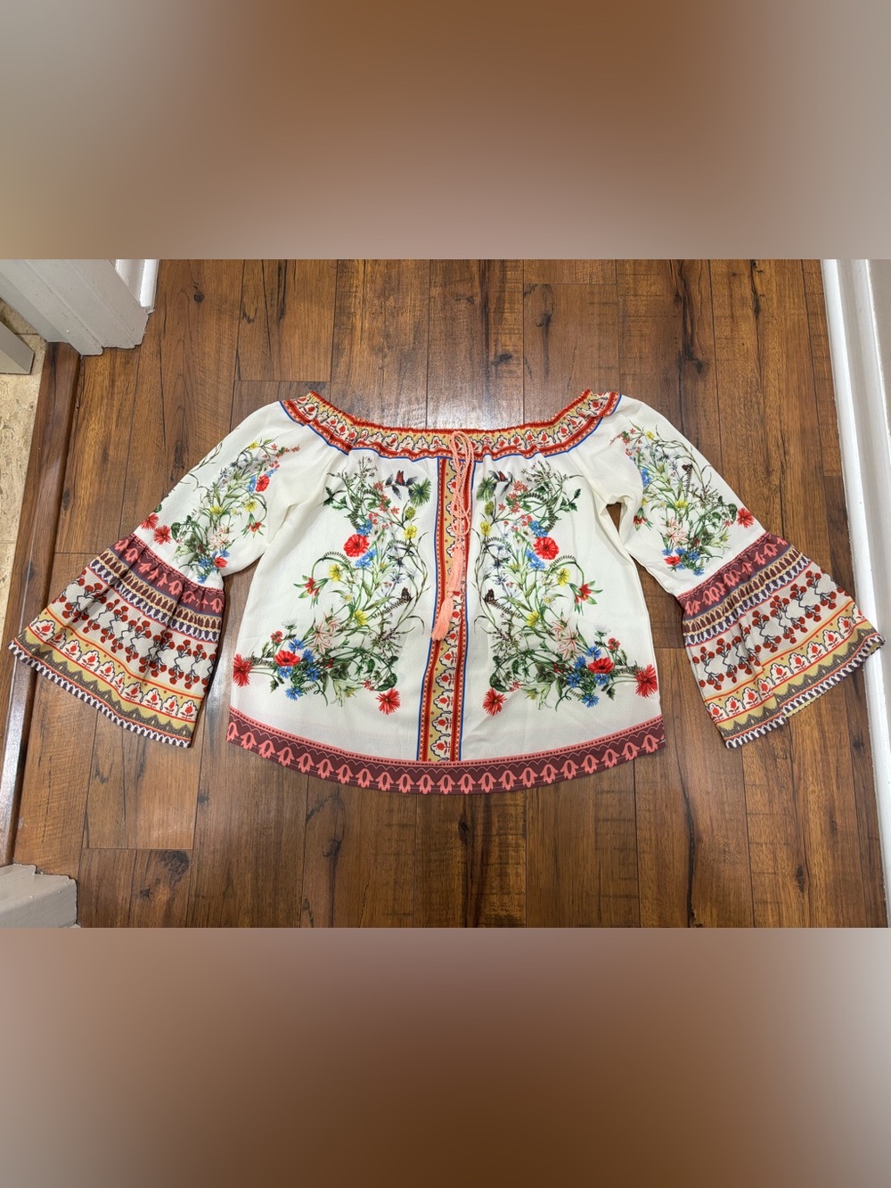 Umgee Boho Off-Shoulder Peasant Tunic Top Colorful Floral Butterfly Botanical